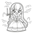 Cute cartoon long haired girl in a Halloween vampire costume with chandelier in hand and bats around outlined for coloring page on white background