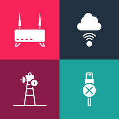 Wall Mural - Set pop art No usb cable cord, Satellite dish, Network cloud connection and Router and wi-fi signal icon. Vector