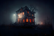 Dark Haunted House With Illuminated Windows At Spooky Misty Dark Halloween Night, Neural Network Generated Art. Digitally Generated Image. Not Based On Any Actual Scene Or Pattern.
