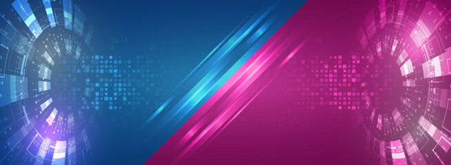 Abstract technology communication. Sci-fi, artificial intelligence, an engineering concept. Blue and purple high-tech background. Two-color modern design for banner and presentation.