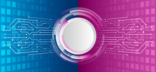 Hi-tech vector illustration with various technology elements. Abstract global sci-fi concept. Digital internet communication in two-color background. Cyber security internet and networking concept.