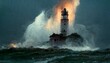 Closeup of A weathered Lighthouse, A massive splash, an explosion of water, a violent sea, lightning, stormy environment.