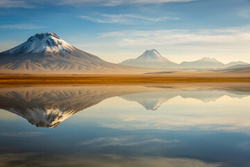 Idyllic Lake Lejia reflection and volcanic landscape in Atacama desert, Chile