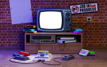 3d Illustration. Old-fashioned TV Set With Gamepads, Game Console And Floppy Disks(cartridges), Video Recorder. Retro Media And Room, 90s Entertainment. White Background On The Screen, For Your Image.