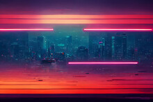 Abstract Synthwave Neon Night Background, Neural Network Generated Art. Digitally Generated Image. Not Based On Any Actual Scene Or Pattern.