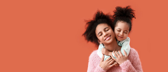 Poster - Portrait of cute African-American sisters on red background with space for text