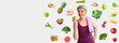 © Pixel-Shot - Sporty mature woman and different healthy products on light background with space for text. Diet concept