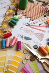 Poster - Sketch of fashion clothes and thread supplies at designer's workplace