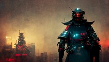 Image Of A Cyberpunk Medieval Samurai Cosplay, Slightly Blurred Background