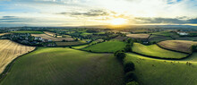 Sunset Over Farmlands And Fields From A Drone, Devon, England, Europe