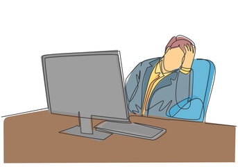 Single continuous line drawing of young sleepy businessman fall asleep on office chair with computer turn on at work desk. Work fatigue concept one line draw design vector illustration