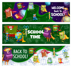 Poster - Cartoon school education superhero characters. Back to school banners, vector horizontal background. Book, textbook, sharpener and calculator, eraser, copybook and pencil case hero cute personages