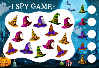 Sticker - I spy game. Halloween witch hats. Kids calculation game, quiz or riddle vector worksheet with sorcerer, wizard or mage, Halloween witch costume hats, cemetery ghosts, pumpkin lantern and full moon