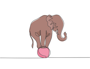 Wall Mural - Single continuous line drawing a cute elephant stands on the ball with all fours awaiting further instructions from the trainer. Good circus show. One line draw graphic design vector illustration.