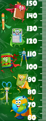 Wall Mural - Kids height chart ruler. Cartoon school superhero characters. Kids height vector scale or meter with book, pencil, calculator and copybook, scissors, globe school supplies defender funny personages