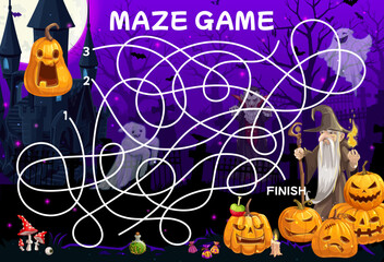 Wall Mural - Labyrinth maze. Help to sorcerer find a Halloween pumpkin lantern. Child labyrinth puzzle or maze riddle vector worksheet with Halloween Jack o lantern, sorcerer character and Dracula vampire castle