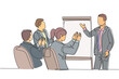 © Simple Line - Single continuous line drawing of young happy startup founder presenting business proposal to the investors and get applause. Business pitching concept one line draw design graphic vector illustration