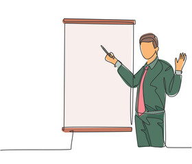 Wall Mural - Single continuous line drawing of young business manager giving lecture to apprentice during work meeting. Work presentation at the office concept one line draw design graphic vector illustration