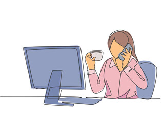 Wall Mural - One continuous line drawing of young female employee drinking a cup of coffee and calling her friend using cellphone at the office. Phone talk concept single line draw design vector illustration