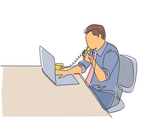 Wall Mural - One continuous line drawing of young programmer take a phone call using analog phone to ask coding language to his friend at the office. Programming concept single line draw design vector illustration