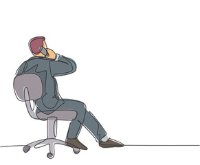 Wall Mural - Single continuous line drawing of young businessman sitting on work chair while receive a call from his partner from back view. Business talk concept. One line draw design vector illustration graphic