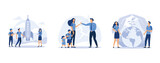 Fototapeta  - people are building a spaceship rocket, family conflict, save the planet, set flat vector modern illustration