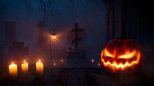 Jack O' Lantern In Creepy Forest Churchyard. Halloween Background.