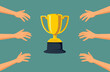 People Competing for a golden Trophy in Contest Vector Cartoon Illustration. Competitive co-workers racing for the first place in a tournament 
