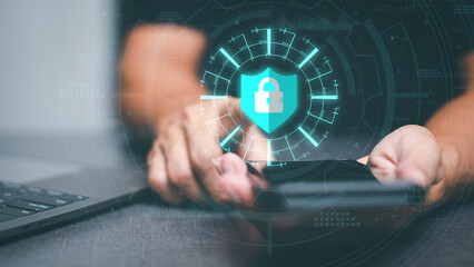 Wall Mural - businessmen use smartphones to connect data through authentication and privacy devices, online secur