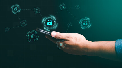 Wall Mural - businessmen use smartphones to connect data through authentication and privacy devices, online secur