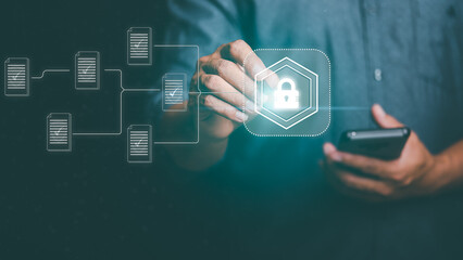 Wall Mural - businessmen use smartphones to connect data through monitoring and privacy devices. online security 