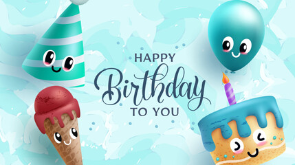 Birthday greeting vector background design. Happy birthday greeting text with balloon, party hat, ice cream and cake characters for kids birth day messages. Vector illustration.
