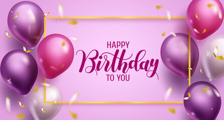 Birthday greeting vector template design. Happy birthday text in purple space with balloons, confetti and frame element for birth day party celebration. Vector illustration.
