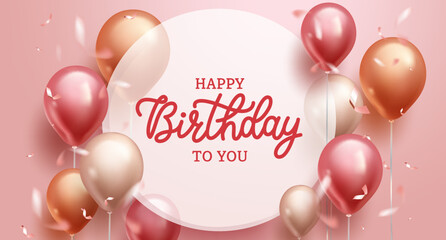 Wall Mural - birthday greeting vector template design. happy birthday text in circle space with rose gold balloon