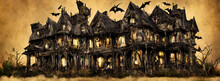 Haunted House, Spooky Old Derelict Mansion With Mysterious Orange Lights Surrounded By Flying Bats