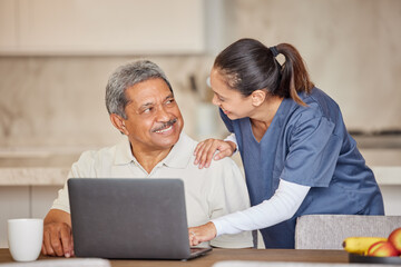 Canvas Print - Healthcare, trust and nurse help patient on laptop, reading email, good news or positive results in kitchen. Young health care worker looking happy about diagnosis, showing man how to use online app