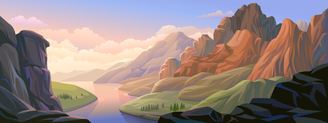 Wall Mural - brown hills and mountains over a green landscape with a beautiful river.
