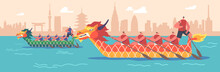 Sportsmen Rowing On Boat Dragon, Oriental Festival, Sport Competition, Extreme Activity, Championship Water Sports Games