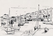 yachts on the pier in the port, sketch