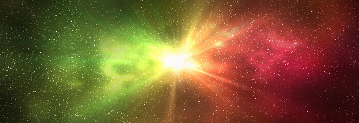Wall Mural - Burst of light in space. Night starry sky and bright yellow red galaxy, horizontal background banner