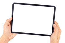 Hand Man Holding Tablet With Mockup Blank Screen Isolated On White Background With Clipping Path