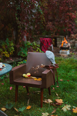 Wall Mural - cozy recreation area in the autumn in the backyard with a campfire and a blanket and a hot drink