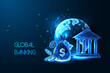 Concept of global banking system with planet Earth, money bag, coins and bank building on dark blue 