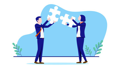 Fototapete - Businesspeople solving problem - Two people, businessman and businesswoman connecting puzzle pieces and finding solution. Flat design vector illustration with white background