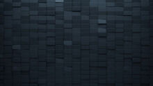 3D, Black Mosaic Tiles Arranged In The Shape Of A Wall. Futuristic, Semigloss, Blocks Stacked To Create A Rectangular Block Background. 3D Render