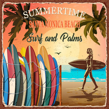 Santa Monica Beach Poster.Surf,beach,palm And Sunset.Surfing  Design.