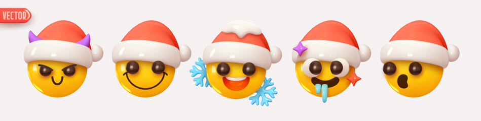 Wall Mural - christmas and new year holiday emoticons collection. set icon smile emoji in red hat santa claus. re