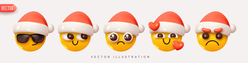 Wall Mural - christmas and new year holiday emoticons collection. set icon smile emoji in red hat santa claus. re