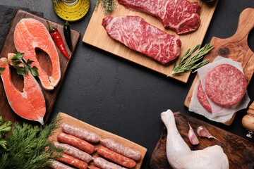 Wall Mural - Various raw meat and fish. Steaks, sausages, salmon, chicken and spices