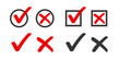 Checkbox checkmark square icon vector or confirm false true check mark red pictogram graphic clipart, right wrong marker felt tip pen hand drawn set, cross and tick survey choice element design image